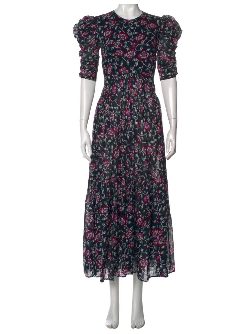 Isabel Etoile Marabr Floral Puff-Sleeve Maxi Dress in Black and Pink